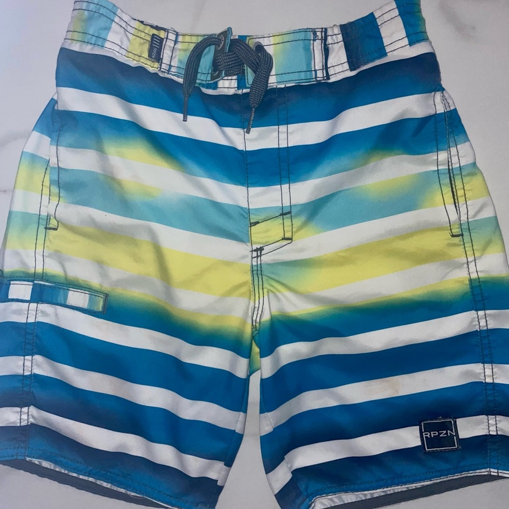 Kids Swim Trunks - Blue and Yellow Stripes Size Medium